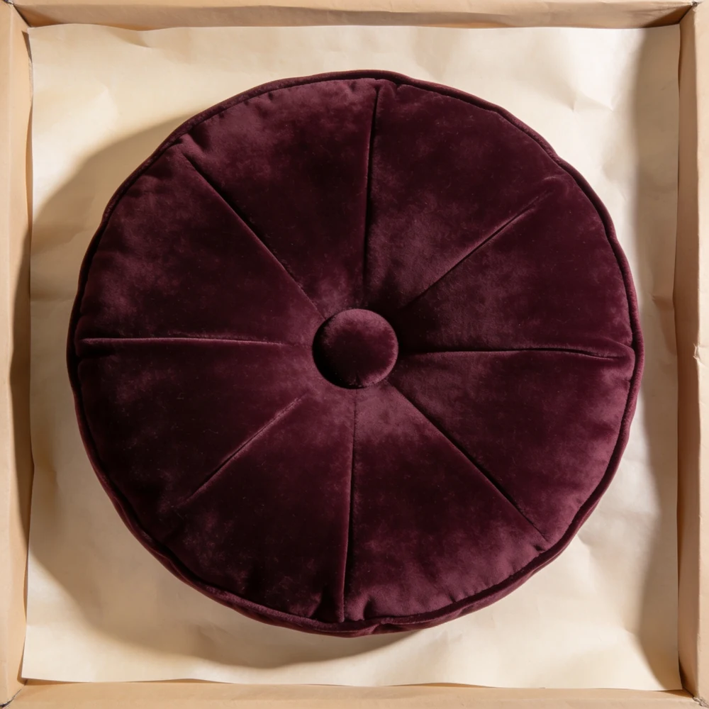 Round Velvet Button Cushion — 16 in diameter, aubergine