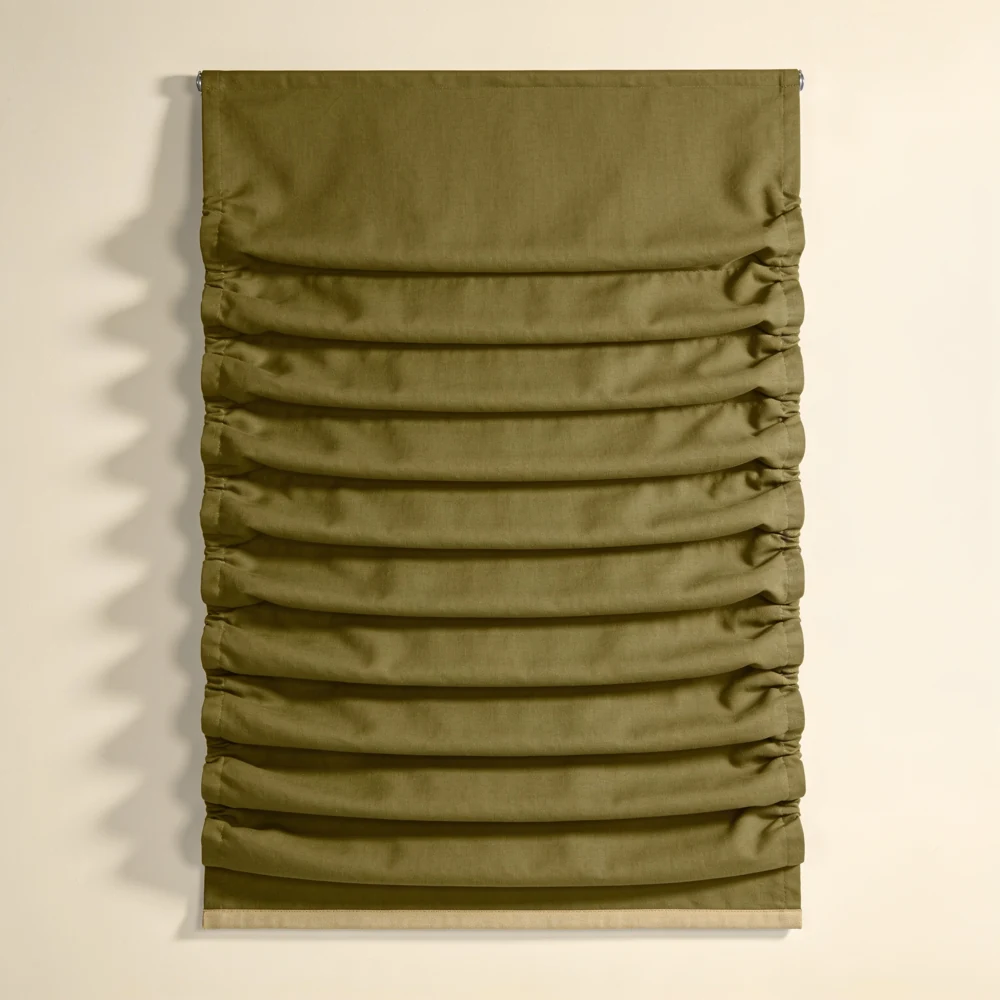 Hobbled Weave Roman Shade — 30 × 64 in olive woven fabric